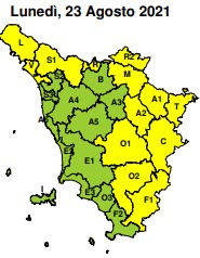 Meteo, codice giallo per precipitazioni lunedì 23 agosto